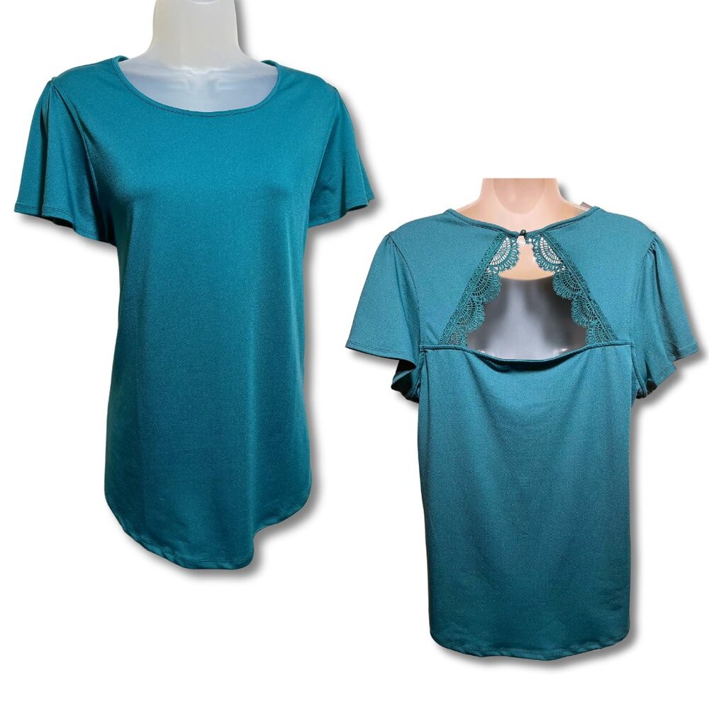 Women’s Teal Lace-Back Short Sleeve Blouse